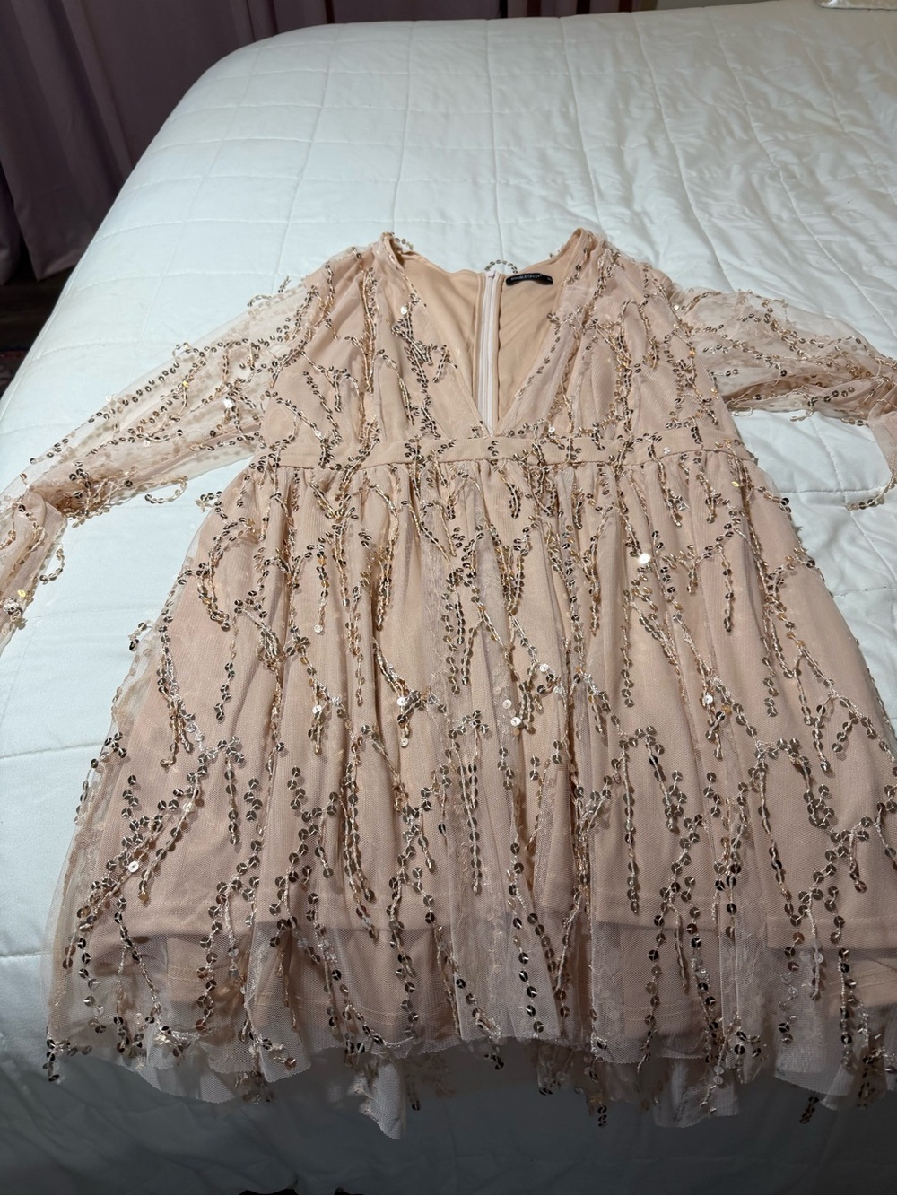 SHEIN Champagne Sequin Long Sleeve Party Dress